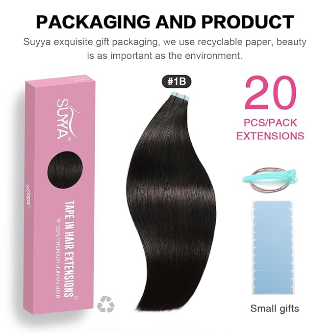 SUYYA Tape in Hair Extensions Human Hair Off Black 26 Inch 60g/pack 20pcs Straight Seamless Skin Weft Tape in Real Human Hair Extensions(26inch #1B Off Black)