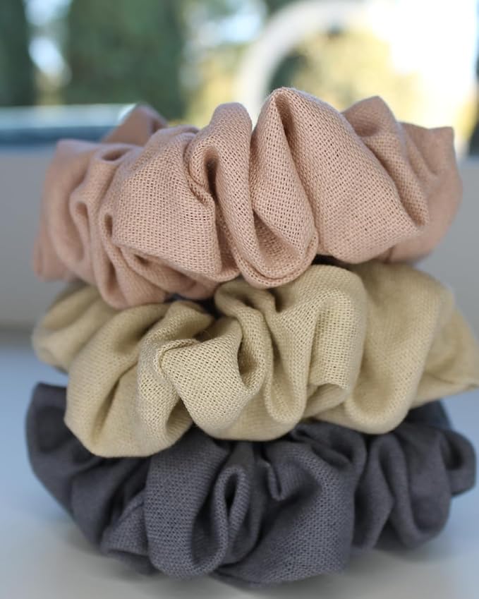 Handmade Linen Scrunchie Bundle for Women – Set of 3 Neutral Hair Ties – 100% Linen Fabric, Gentle on Hair, Woman Gift Set (Aura)