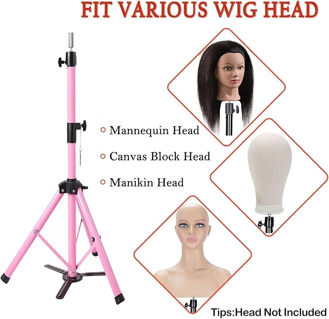Reinforced Wig Stand Tripod 55" Heavy Duty Adjustable Mannequin Head Stand Tripod for Styling Cosmetology Hairdressing Training, Pink Wig Head Stand Sets with Wig Caps,Comb,Hair Clips, T-Pins,Headband
