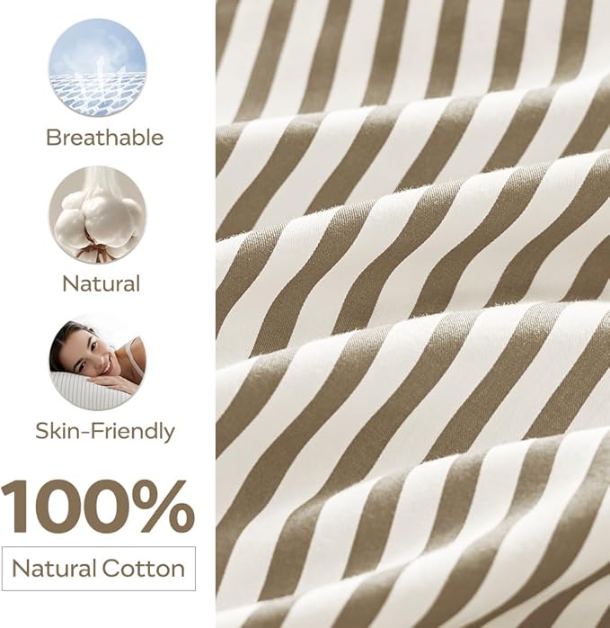 JELLYMONI 100% Natural Cotton Striped Queen Pillowcases Set, 2 Pack White and Khaki Stripes Pattern Printed Pillow Covers with Envelope Closure(Pillows are not Included)