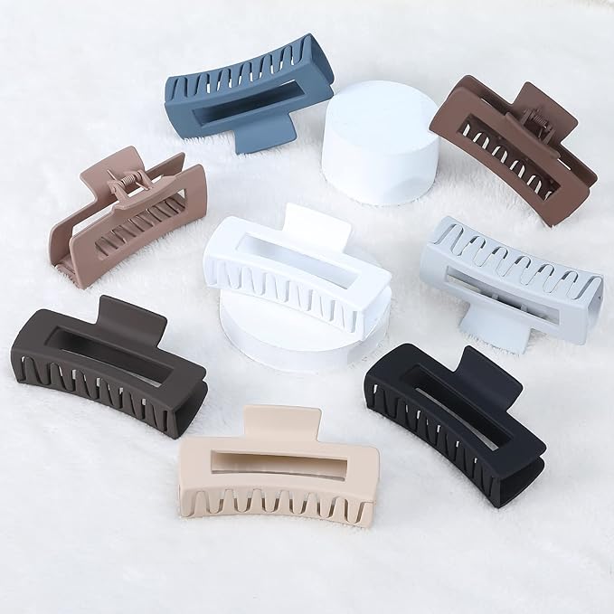 Large Hair Claw Clips - 8 Pcs Rectangle Big Claws for Thick Hair - Non-Slip Acrylic Banana Jaw Clips - Women & Girls (Blue, Brown)