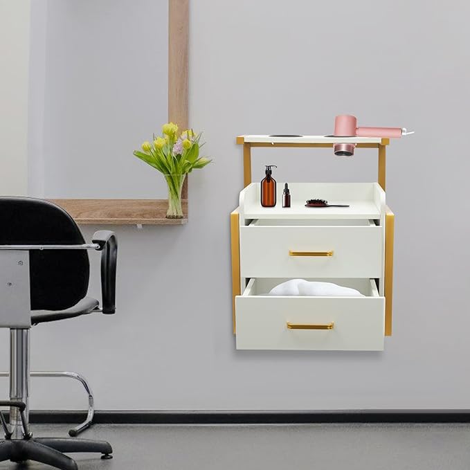 Suspended Salon Station for Hair Stylist, Wall Mounted Styling Salon Station Storage Cabinet w/2*Drawers &Hair Dryer Stand,Floating Nightstand Stylist Storage Cabinet for Home (Gold+White)