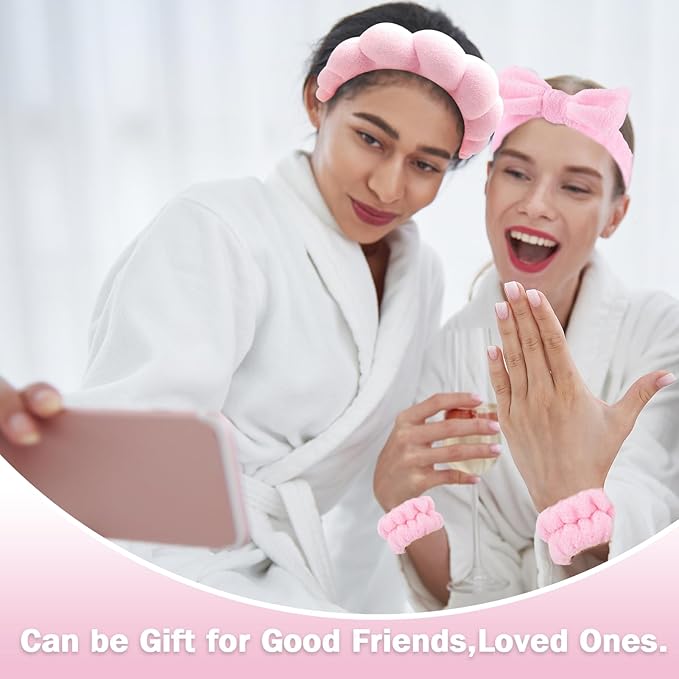 Zkptops 6Pcs Spa Headband for Washing Face Wristbands Set Women Bubble Skincare Makeup Sponge Terry Cloth Padded Puffy Headband Bow Tie Hairband Cute Non Slip Thick Hair Accessory Gifts(Pink)