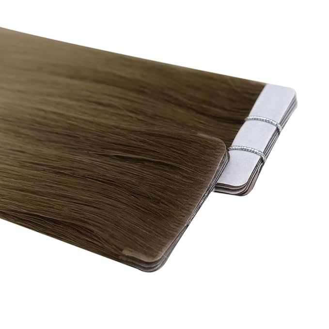Full Shine Injected Tape in Hair Extensions Color R3 Dark Brown to 8 Light Brown Ombre Seamless Tape in Extensions Virgin Real Human Hair 18Inch Silky Straight 12.5Grams 5Pcs for Postpartum Women