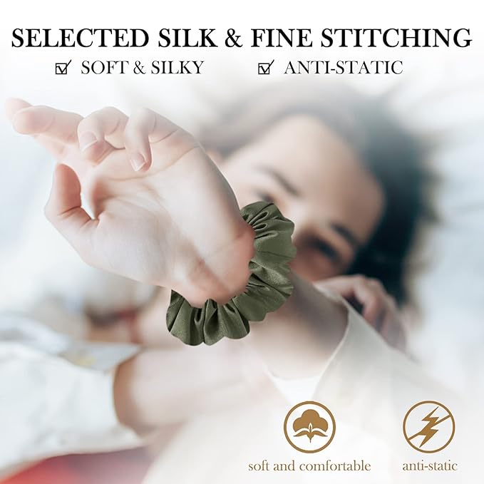 Mulberry Silk Hair Scrunchies, 5 Count, 100% Silk, No Damage for Frizz Prevention, Sleep and Night Scrunchie, Hair Accessories for Women (Peacock Blue, Metallic Gray, Army Green, Black, Pink)