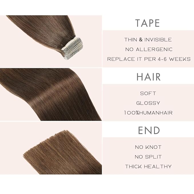 Tape in Hair Extensions Real Human Hair 24 Inch Darkest Brown Double Sided Tape for Skin Weft Hair Extension Invisible Tape in Hair Extensions Straight Remy Human Hair for Women 20pcs (4#,24 Inch)