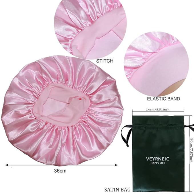 VEYRNEIC Hair Satin Bonnet for Sleeping Shower Caps Silk Chemo Caps with Wide Elastic Band Night Sleep Cap Bonnets for Black Women Braids with Satin Storage Bag (Pink)