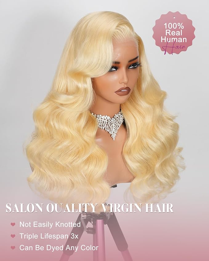 34 Inch 613 13x6 Lace Front Wig Human Hair 180 Density Blonde Wig Human Hair Body Wave 100% Real Human Hair True Length Random Dyeing No Shedding No Synthetics Triple Lifespan 3X
