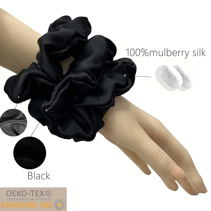 Suncdelv Silk,100% Silk Scrunchies for Hair,22 Momme Hair Ties for Anti-Crease & Breakage,Natural Women Hair Accessories，Fashion Hairbands 3PCS （Black）