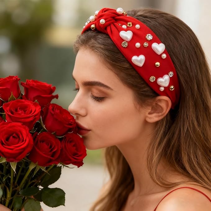 Valentines Day Red Pearl Headband for Women, Wide Rhinestone beaded Headbands Non Slip Knotted Fashion Hair Accessories for Christmas Valentines New Year Gifts