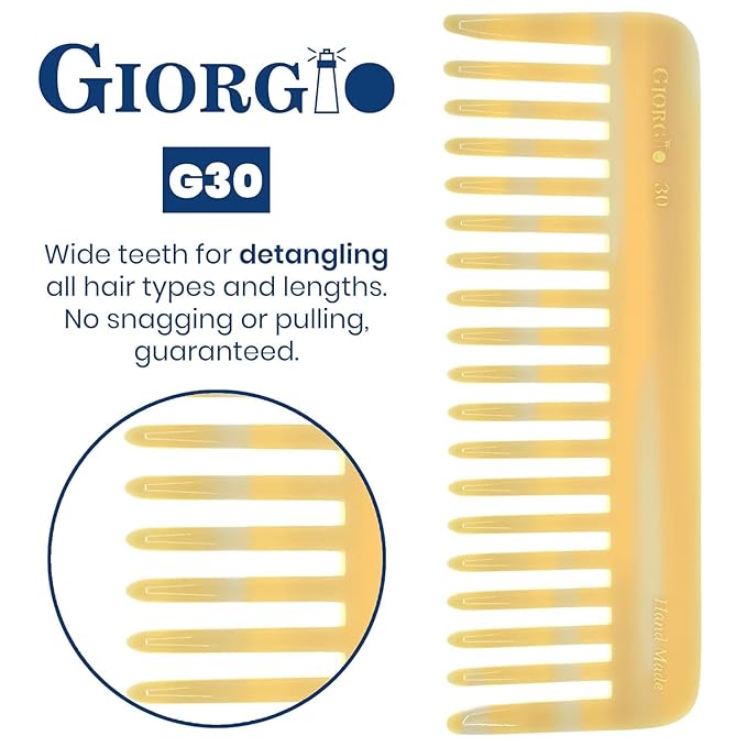 Giorgio G30 Large 5.75 Inch Hair Detangling Comb, Wide Teeth for Thick Curly Wavy Hair. Long Hairs Detangler Comb For Wet and Dry. Handmade of Cellulose, Saw-Cut, Hand Polished, Ivory 3 Pack