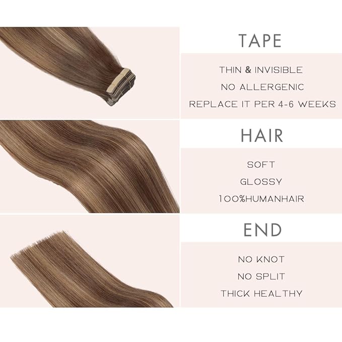 Tape in Hair Extensions Real Human Hair 24 Inch Chocolate Brown Mixed Honey Blonde Tape for Skin Weft Hair Extension Invisible Tape in Hair Extensions Human Hair for Women 20pcs (4/4/27#,24 Inch)