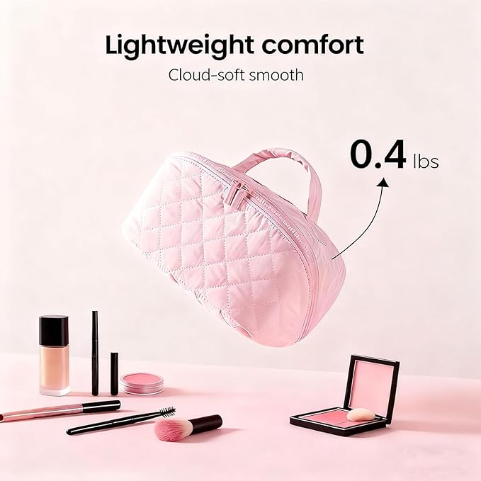 Petition Travel Makeup Bag for Woman,Festivalment Lay Flat Makeup Bag, Wide Open Water-Resistant Cosmetic Case,Puffy Padded Organizer for Toiletries & Brushes Large Capacity with Compartments (black)