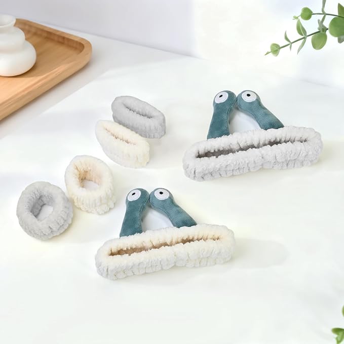 Snail Face Wash Headband Skincare & Wrist Bands for Washing Face Set Cute Spa Headband for Women and Wrist Faces Wash Bands for Shower, Facial Cleaning, Soft Coral Fleece Makeup Headbands,Beige & Grey