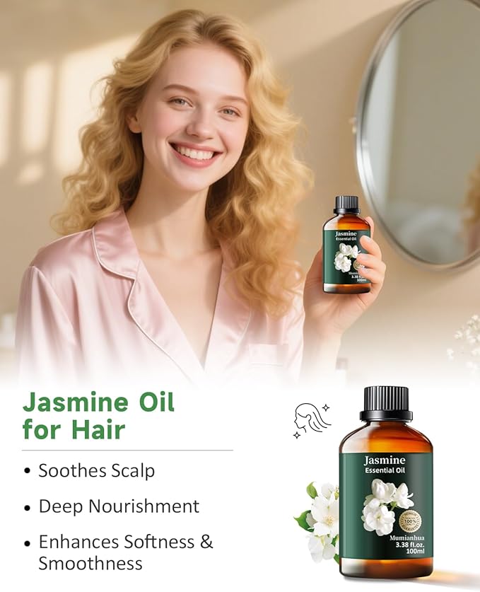 Pure Jasmine Essential Oil for Bedtime Atmosphere, Evening Relaxation & Pillow Mist, Mumianhua Natural Floral Bliss for Diffuser, Skin, Hair Care, Calming Blends, Perfume, Candle Making 3.38 Fl Oz