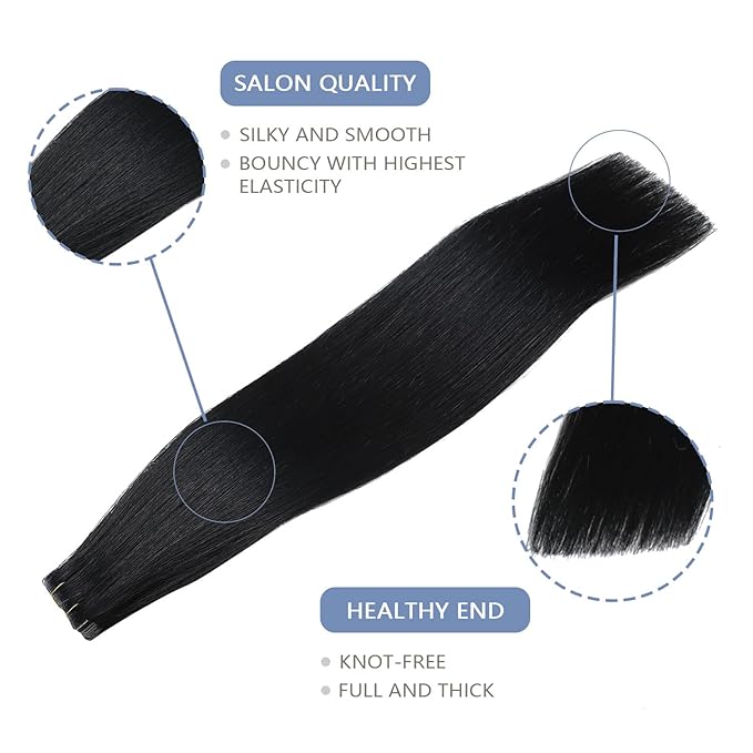 COOKAYU Invisible Tape in Hair Extensions Human Hair, Tape in Extensions Jet Black 20Inch 45g 20pcs Injected Tape in Human Hair Seamless Invisi Edge