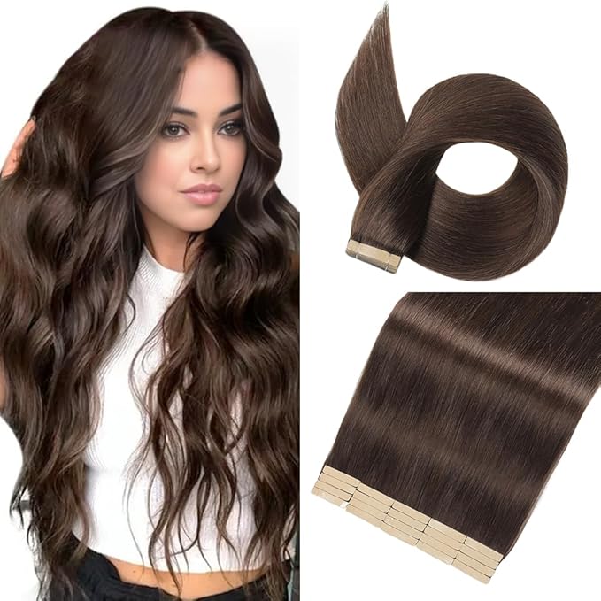 Tape in Hair Extensions Human Hair Dark Brown 22 Inch 20Pcs Tape Ins for Women Straight Invisible Seamless Remy