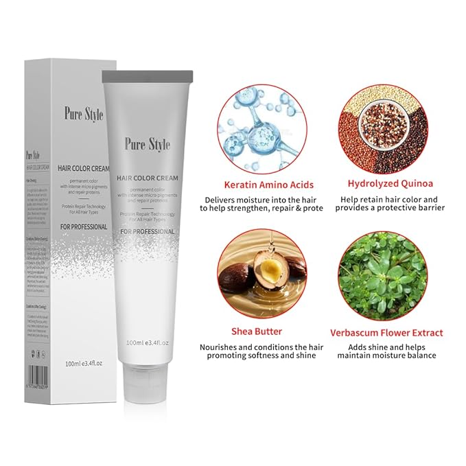 PureStyle 100ml Professional Permanent Hair Color Dye Cream Ammonia Free, Long Lasting Medium Red Brown Color, 100% Gray Coverage, Natural Shine, For All Hair Types Easy At Home Application