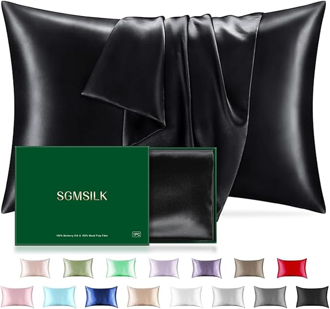 Mulberry Silk Pillowcase for Hair and Skin, SGMSILK 22 Momme Natural Silk Pillow Cases with Zipper, 6A Soft and Smooth Single Sided Pure Silk Pillow Cover (Black, King 20"x36")