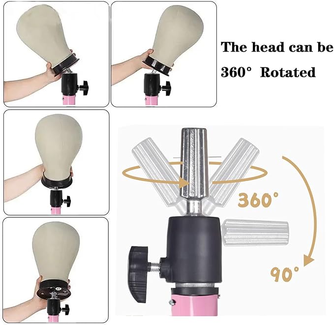 Reinforced Wig Stand Tripod 55" Heavy Duty Adjustable Mannequin Head Stand Tripod for Styling Cosmetology Hairdressing Training, Pink Wig Head Stand Sets with Wig Caps,Comb,Hair Clips, T-Pins,Headband