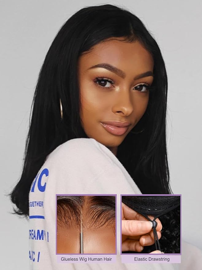 YIROO Bye Bye Knots 7x5 Lace Straight Bob Wig Glueless Human Hair Wig with Elastic Drawstring,Pre Plucked Pre Cut Short Bob Lace Closure Wig Wear and Go Natural Color 150% Density 10Inch