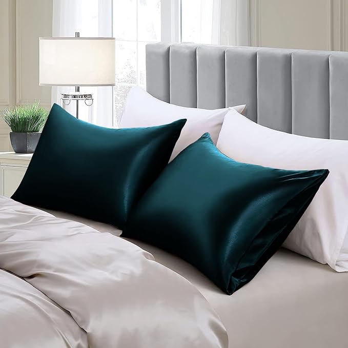 Aormenzy Satin Pillow Cases for Women King Size Set of 2, Dark Teal Satin Pillowcase for Hair with Envelope Closure Silky Pillow Covers Wrinkle, Fade Resistant (20x40 Inches)