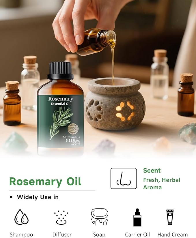 Rosemary Essential Oil Pure, Mumianhua Natural Oil for Hair Growth & Scalp Revitalization, Supports Stronger Hair, Reduces Dullness, for Diffuser & DIY Hair Care, 3.38 Fl Oz