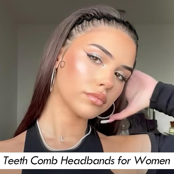 VELSCRUN 7 Pcs Different Headbands for Women Black Hair Bands for Women's Wavy Curly Hair Non Slip Plastic Head Bands with Teeth Comb Headband Face Wash Hair Accessories Gifts for Women Gilrs
