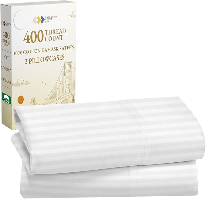 California Design Den Standard Queen Size Pillowcase Set - 400 Thread Count, 100% Cotton Sateen, Set of 2 Pillow Covers, Soft and Breathable - Striped Bright White