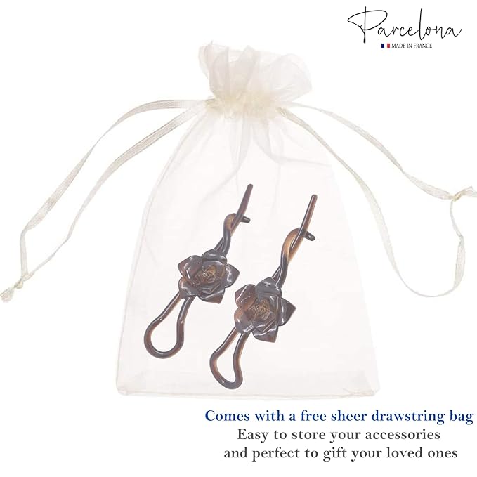 Parcelona French Rose Flower Twist N Clip Set of 2 Cellulose Acetate Shell Hair Clip Barrette 10.5 cm