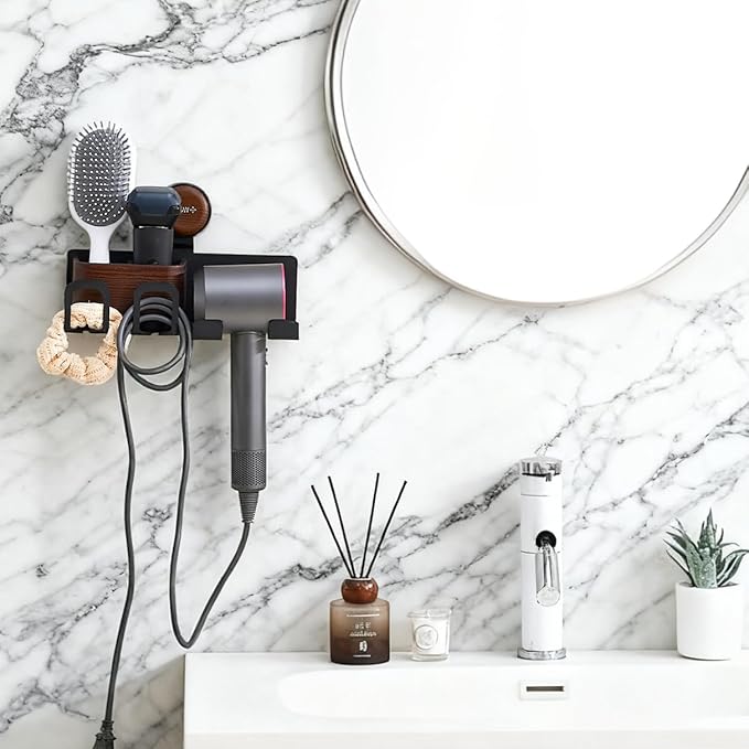 Hair Dryer Holder Wall Mount with Suction Cup, No-Drill Metal Blow Dryer Holder, Hair Accessories Tools Organizer Rack with 2 Toothbrush Hanger & Shelf, Walnut Finish for Bathroom