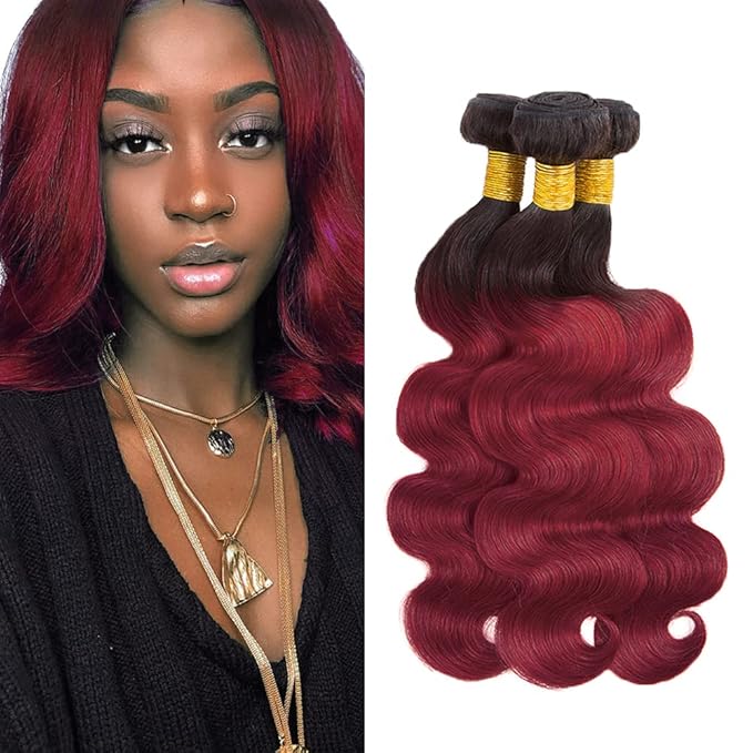 26 28 30 Inch Ombre Bundles Human Hair 99j Body Wave Bundles 2 Tone Black and Red Body Wave Bundle Niegmeag Brazilian Virgin Soft and Silky Remy Hair Extensions 300g