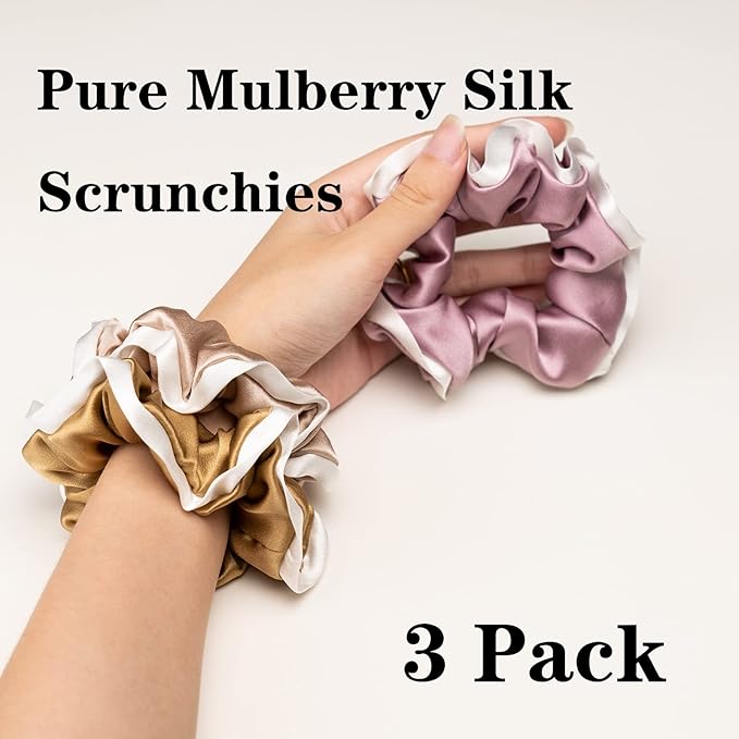 Silmer Silk Scrunchies for Hair 100% Mulberry 3 Pack(Pale Mauve, Apricot,Champaign Gold)
