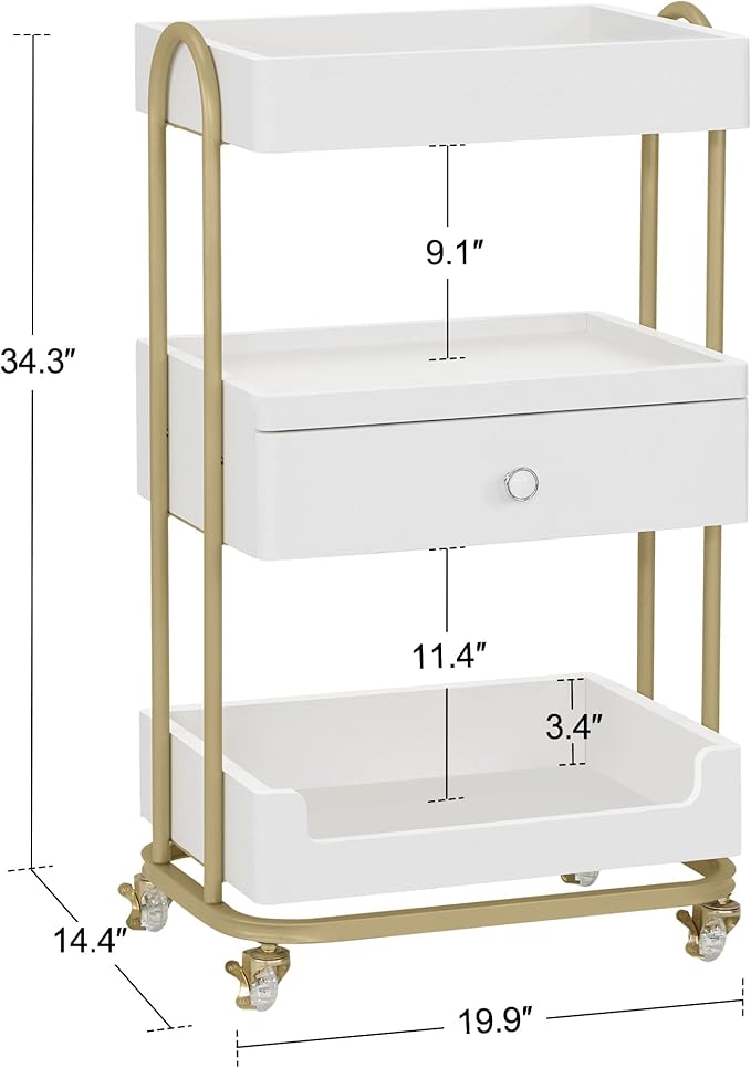 BarberPub Salon Trolley Cart with Lockable Wheels, Stylist Trolley with 3 Shelves, Salon Storage Cart for Beauty Shop, Barber Shop, Spa 2086 (White&Gold)