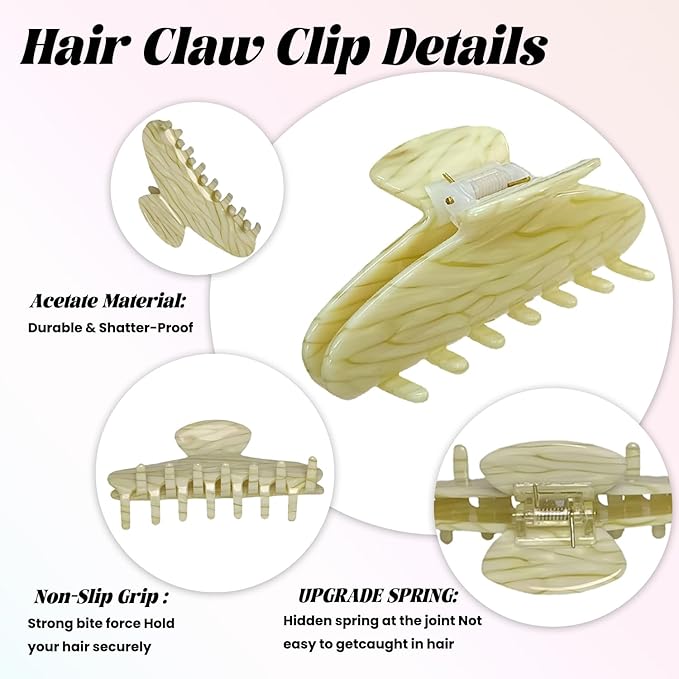 French Hair Claw Clips for Women Grils,4 Inch Strong Hold No Slip Grip Accessories Acetate Material,Not Easily Damaged,Thick or Thin Hair (Yellow)