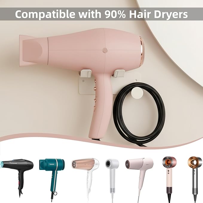 Hair Dryer Holder, Dyson Hair Dryer Holder, Blow Dryer Holder with Cord Hook SUS304 Stainless Steel Wall Mount, Self Adhesive/Screw Space Saving Hairdryer Holder for Bathroom White Ptalseaw