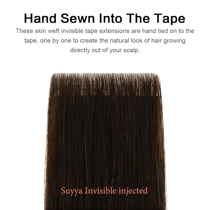 SUYYA Invisible Tape in Hair Extensions Human Hair Darkest Brown Seamless Injected Hand-Tied Pro Quality Virgin Human Hair 20PCS 40G/Pack Straight Tape Ins(14 inch #2 Darkest Brown)