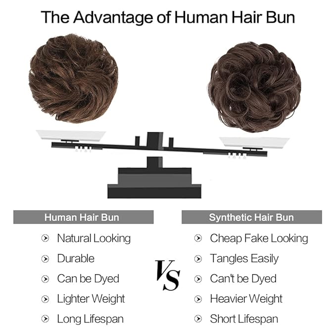 FESHFEN Human Messy Buns - 100% Human Hair Bun Real Scrunchies Hair Pieces Ponytail Extensions Wavy Tousled Updo Chignon Hairpieces for Women, Medium Chestnut Brown