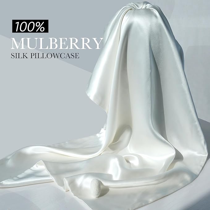 100% Mulberry Silk Pillowcase for Hair and Skin, 22 Momme Pure Natural Silk Pillow Case Both Sided with Zipper, Pillow Cover for Women Mom Men (Ivory White, Queen 20''×30'', 2 Pack)