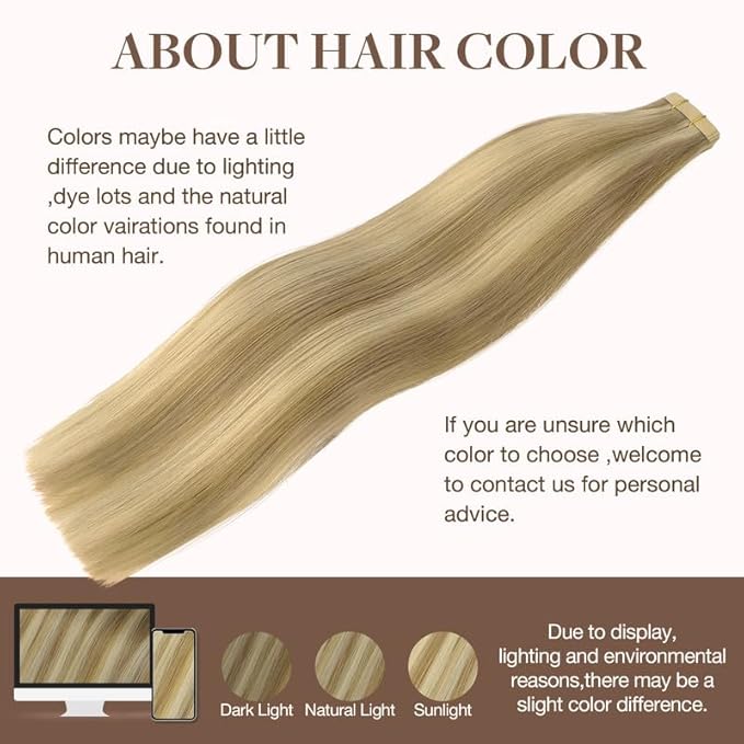 GOO GOO Tape in Hair Extensions Human Hair, 16/22 Light Blonde Highlighted Golden Blonde, 20inch 100g 40pcs, Skin Weft Seamless Invisible, Silky Straight with Thick Ends, Remy Human Hair