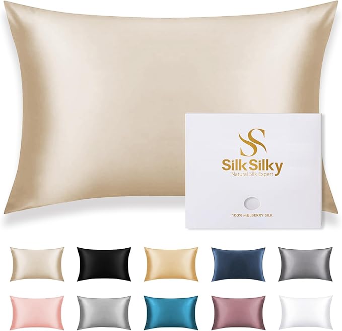 SilkSilky 100% Mulberry Silk Pillowcase - Pure 22 Momme High-Grade 6A Fibers for Hair & Skin, Envelope Closure, Natural, Organic, Breathable & Cooling Pillow Case (Standard, Beige)