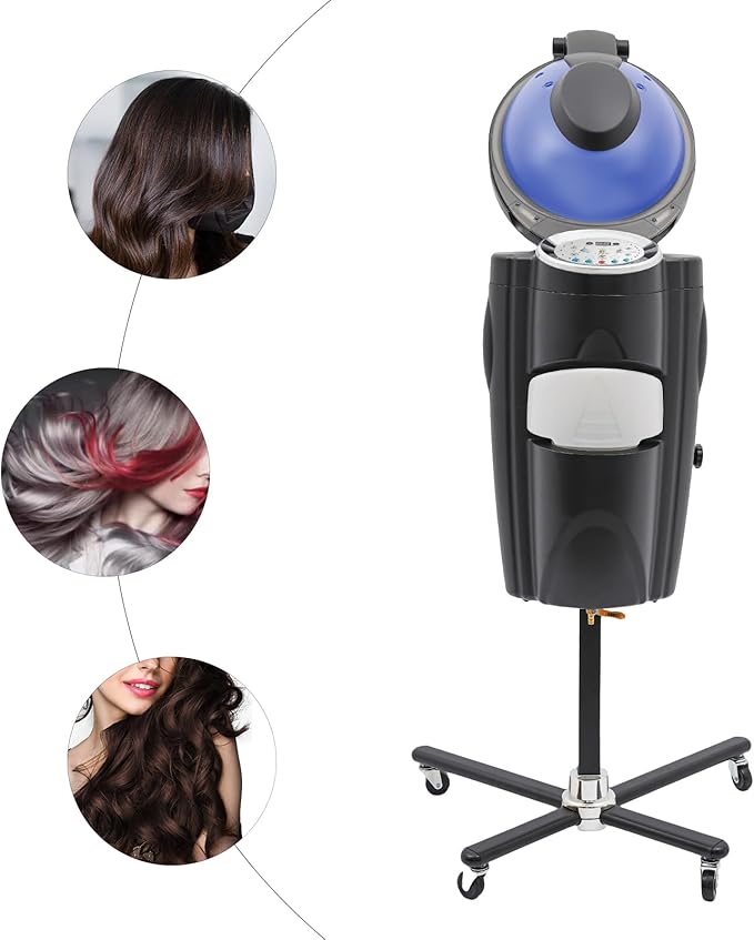 Hair Steamer Professional Hair Salon Steamer with 12 Color Light & Ozone，Adjustable Height Hair Steamer with Wheels (Black)