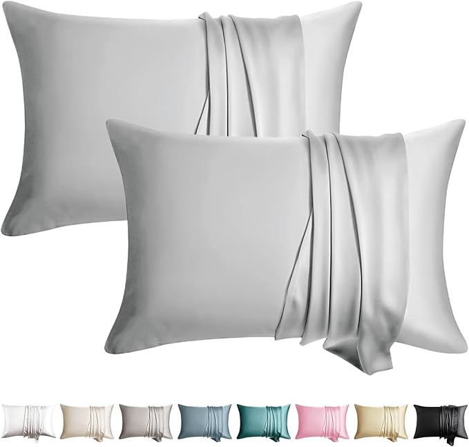 100% Silk Pillowcase for Hair and Skin Toddler Size 2 Pack Mulberry Silk Pillow Case 13 x 18 Inches Highest 6A Silk Kids/Travel Pillow Cover Soft Breathable Cooling Hidden Zipper, Light Grey