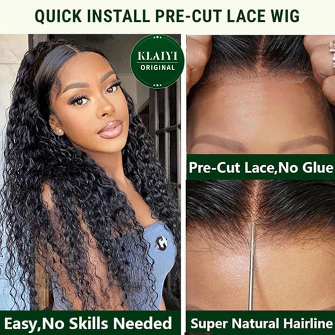 KLAIYI Bye Bye Knots Glueless Wig Pre Cut Water Wave HD Lace Front Wigs Human Hair Pre Bleached Pre Plucked Ready to Go Wigs for Women 30S Easy to Wear Put On and Go Curly Wig Beginner Friendly 18Inch