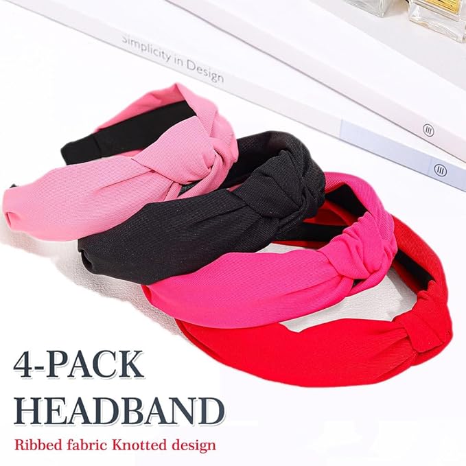 Wide Knotted Headbands, Non-Slip Hair Accessories for Women, 4-Pack (Black Red Hot Pink Blush)