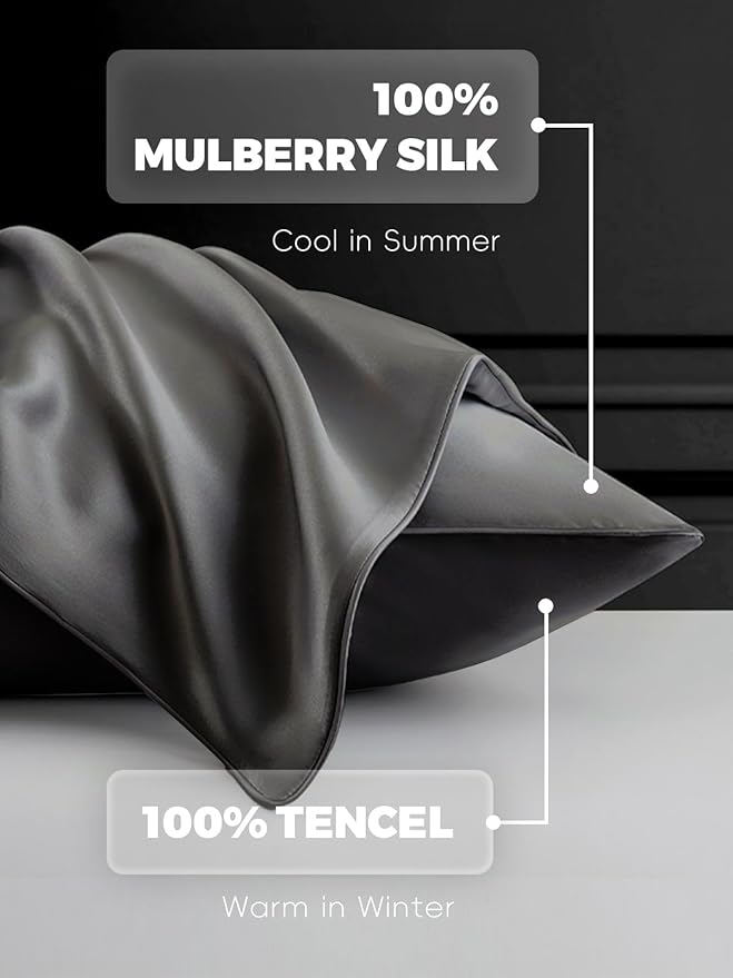 Mulberry Silk Pillowcase for Hair and Skin, SGMSILK 22 Momme Natural Silk Pillow Cases with Zipper, 6A Soft and Smooth Single Sided Pure Silk Pillow Cover (Dark Gray, Queen 20"x30")