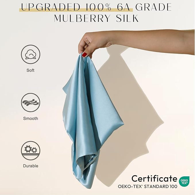 ZIMASILK Upgraded 100% Pure Mulberry Silk Pillowcase for Hair and Skin Silk Pillow Cases with Reinforced Hidden Zipper, More Soft & Durable Grade 6A Silk, Gift Box 1Pc (Standard 20"x26", Light Blue)