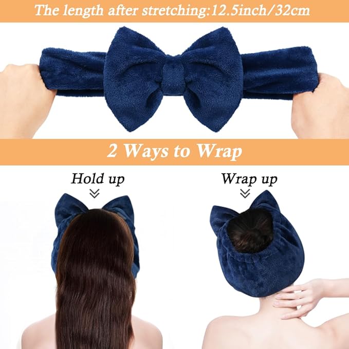 Shintop Face Wash Headband, Soft Spa Headband Carol Fleece Makeup Headwear with Cute Bow Elastic Hairband for Skincare Facial Mask Showers（Navy blue）