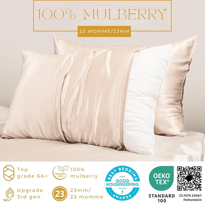 PROMEED 100% Mulberry Silk Pillowcase for Hair and Skin, Both Sides 23 Momme Grade 6A+ Silk Pillow Case with Hidden Zipper, 1400 TC, Soft & Smooth (Standard 20"x26", Champagne)