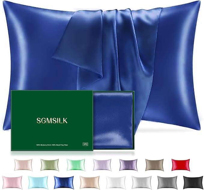 Mulberry Silk Pillowcase for Hair and Skin, SGMSILK 22 Momme Natural Silk Pillow Cases with Zipper, 6A Soft and Smooth Single Sided Pure Silk Pillow Cover (Royal Blue, Queen 20"x30")